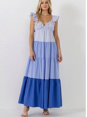 English Factory | Size L | Sweetheart Tiered Maxi Dress in Blue